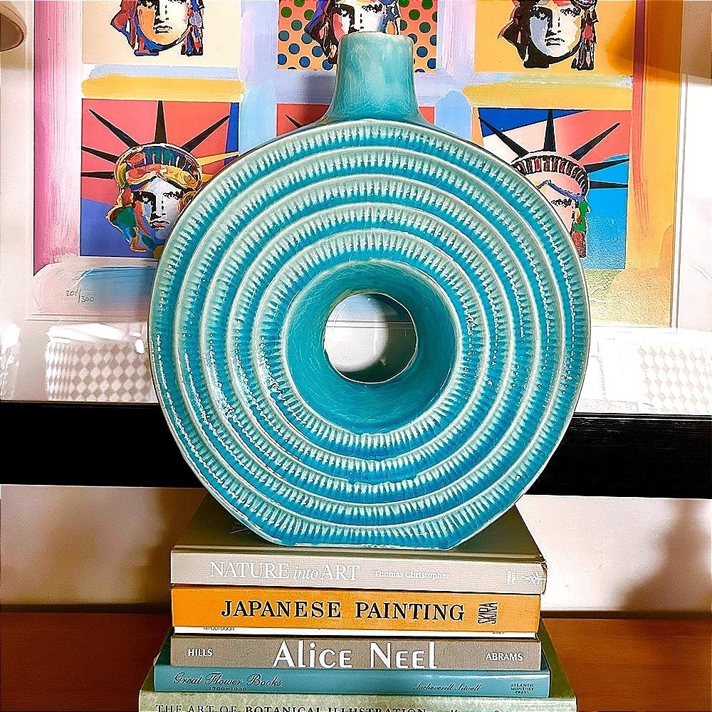 Large 16" Turquoise Donut Vase Sculptural‎ Textured Ceramic Modernist Disc Vase